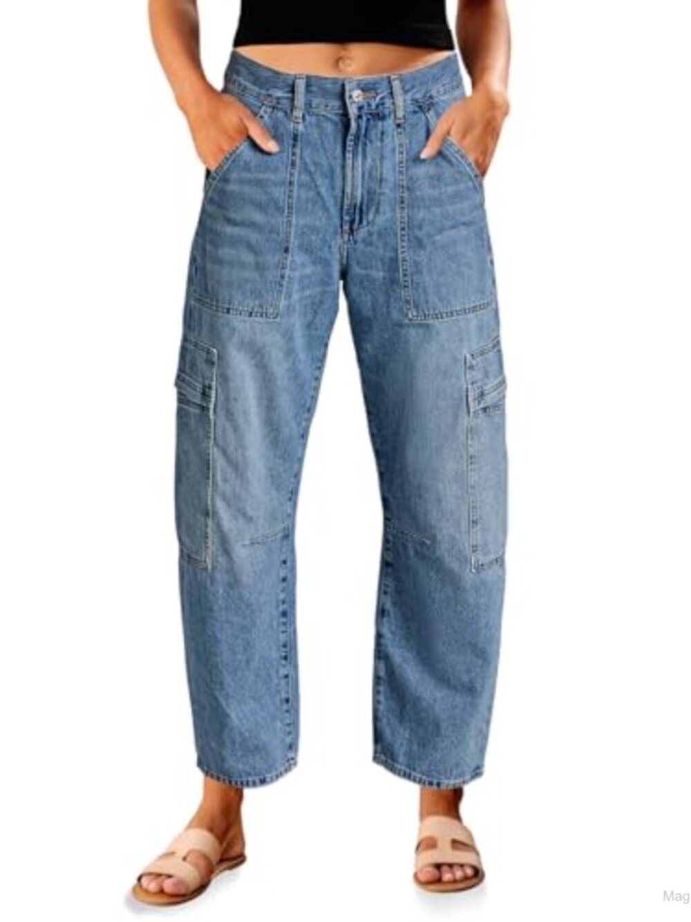 High Waisted Barrel Leg Cargo Jeans Boyfriend Fit Cropped Denim Pants
